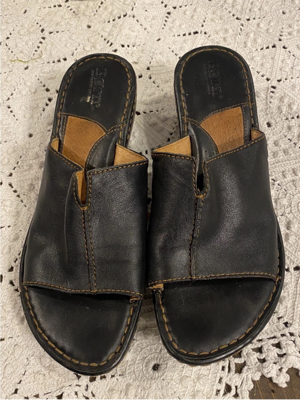 Born Women’s Dark Brown Leather Slide Sandals with Tan Accents